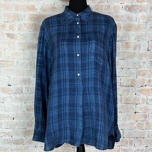 Ralph Lauren Denim Blue Plaid Linen Tunic Style Top